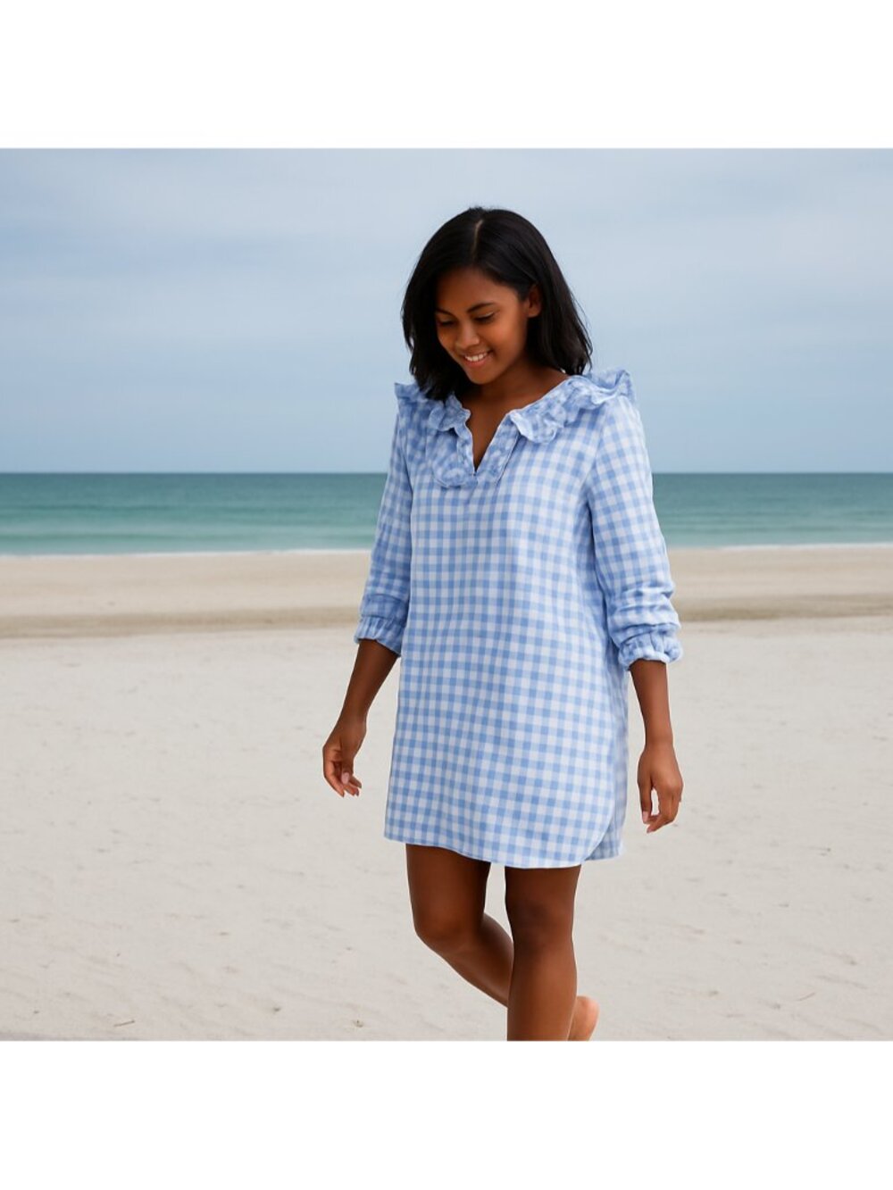 Hill House Colette Dress Blue Jacquard Check Womens Medium Preppy Ruffle
